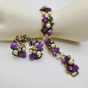 Purple Leaf Bracelet & Clip Earrings Faux Pearl Rhinestone Grape Vine 1960s Demi